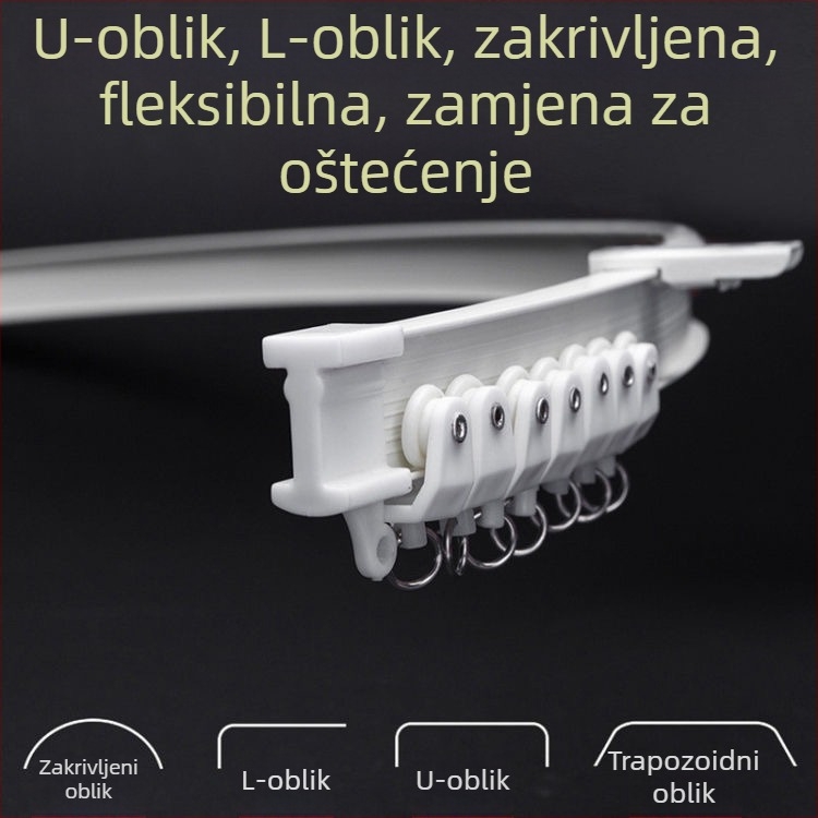 Zavjesna tračnica s savitom za kutni prozor i balkon, mekana tračnica, montaža bušenjem, model 005, materijal: čelik, završna obrada: plast čelik, moderan i jednostavan stil