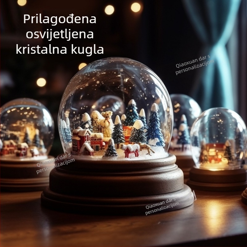 Prilagođena smolna kristalna kugla s muzičkim kutom – Djed Mraz i pahulja, dekorativan predmet s pozlaćenom bazom