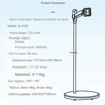 Pokretni držač za monitore i televizore, rotirajući, na kotačićima, od nehrđajućeg čelika, model 05, 5 kg, univerzalna kompatibilnost sa standardnim zaslonima