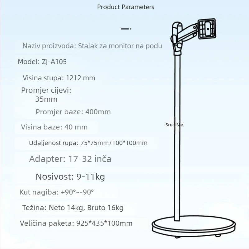 Pokretni držač za monitore i televizore, rotirajući, na kotačićima, od nehrđajućeg čelika, model 05, 5 kg, univerzalna kompatibilnost sa standardnim zaslonima
