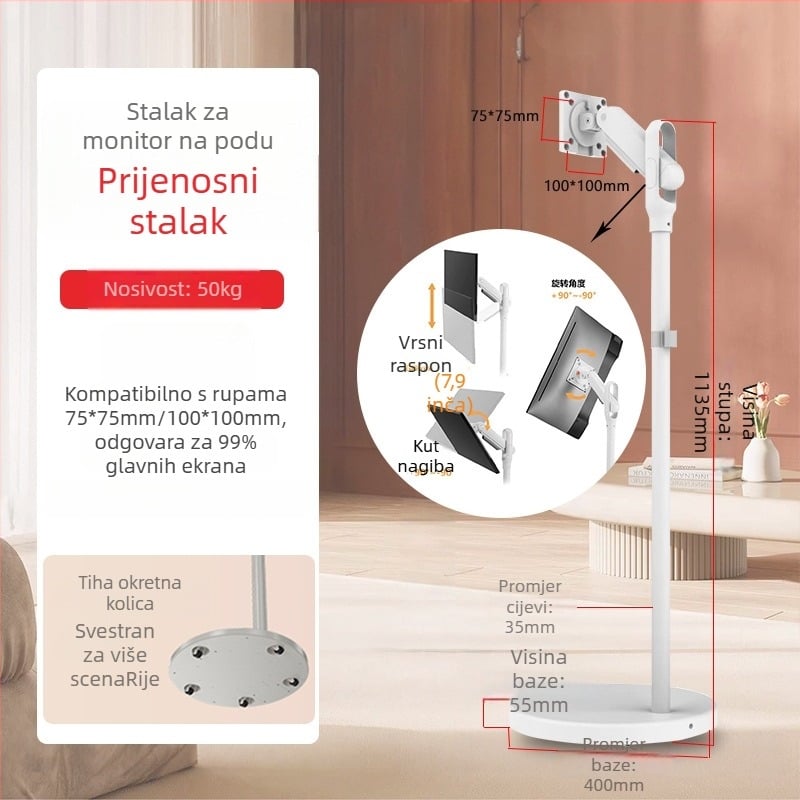 Pokretni držač za monitore i televizore, rotirajući, na kotačićima, od nehrđajućeg čelika, model 05, 5 kg, univerzalna kompatibilnost sa standardnim zaslonima