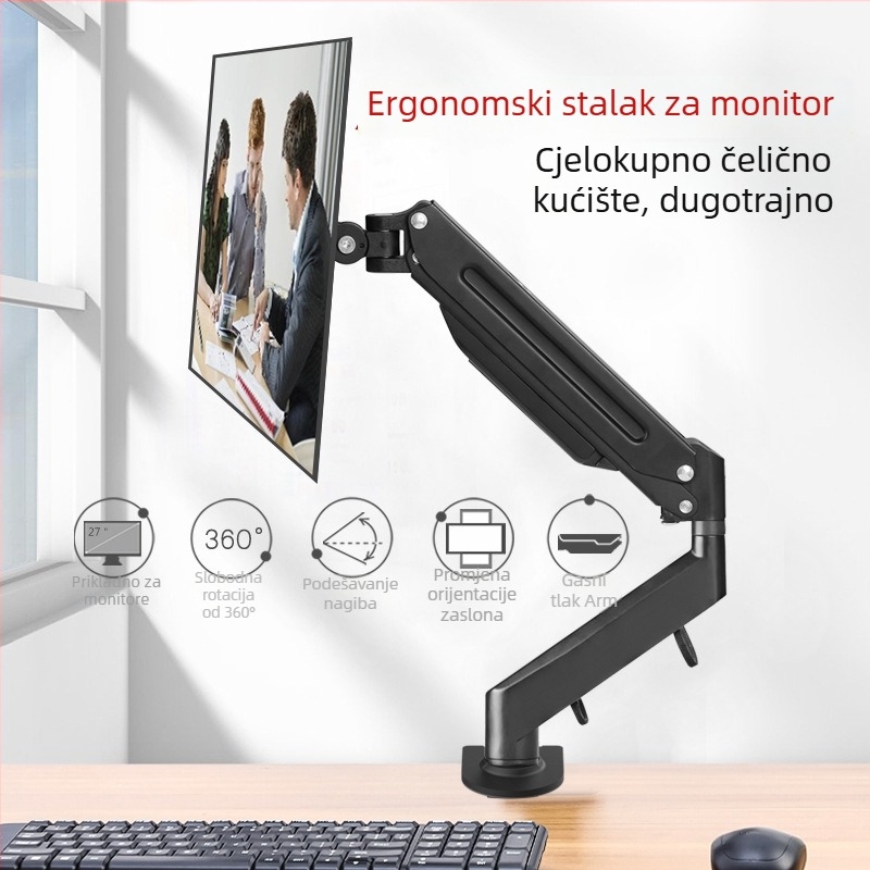Stalak za monitor s rotacijom, podizanjem i teleskopskom rukom te bazom — mehaničko upravljanje