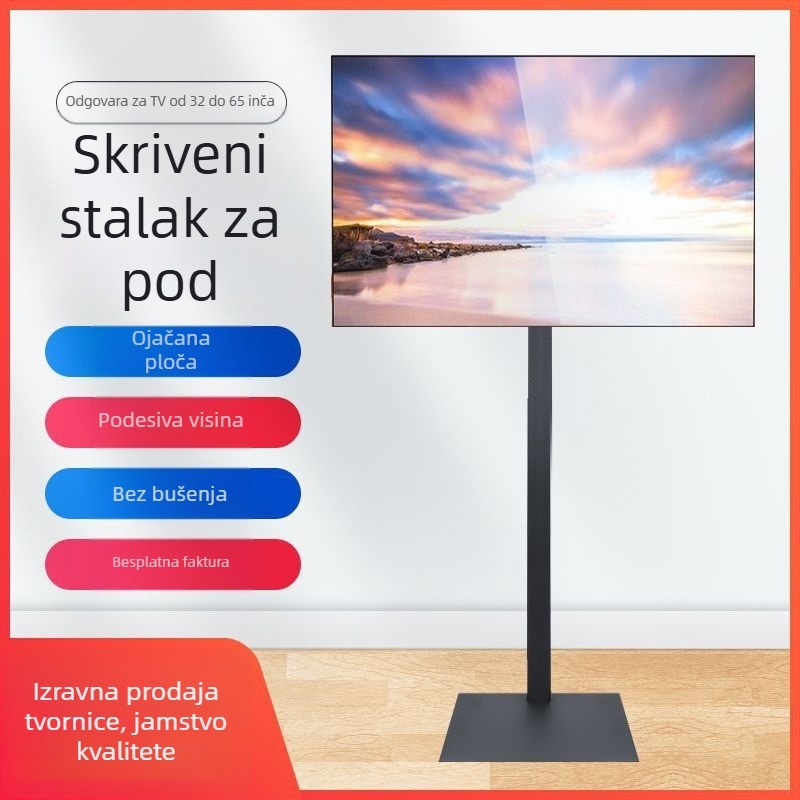 Univerzalni Skriveni TV Stalak za Pod, bez bušenja, uspravni; nosivost >15 kg; materijal: hladno valjani čelik; mehanički pogon; nije zidna montaža