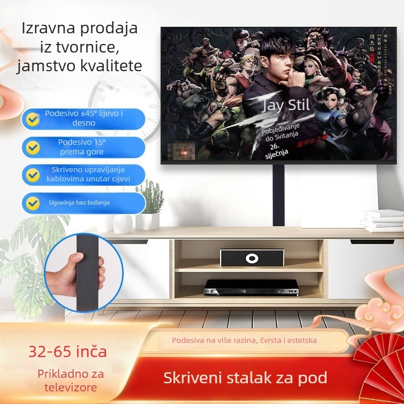 Univerzalni Skriveni TV Stalak za Pod, bez bušenja, uspravni; nosivost >15 kg; materijal: hladno valjani čelik; mehanički pogon; nije zidna montaža