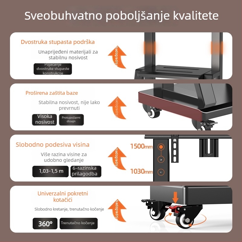 Prenosni TV stalak na pod s kolima, željezni nosač, SPCC čelik, za all-in-one TV nosač, nosivost >15 kg