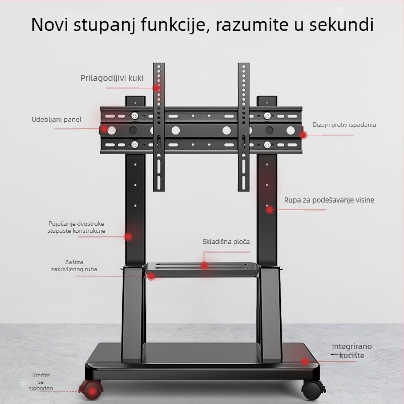 Prenosni TV stalak na pod s kolima, željezni nosač, SPCC čelik, za all-in-one TV nosač, nosivost >15 kg