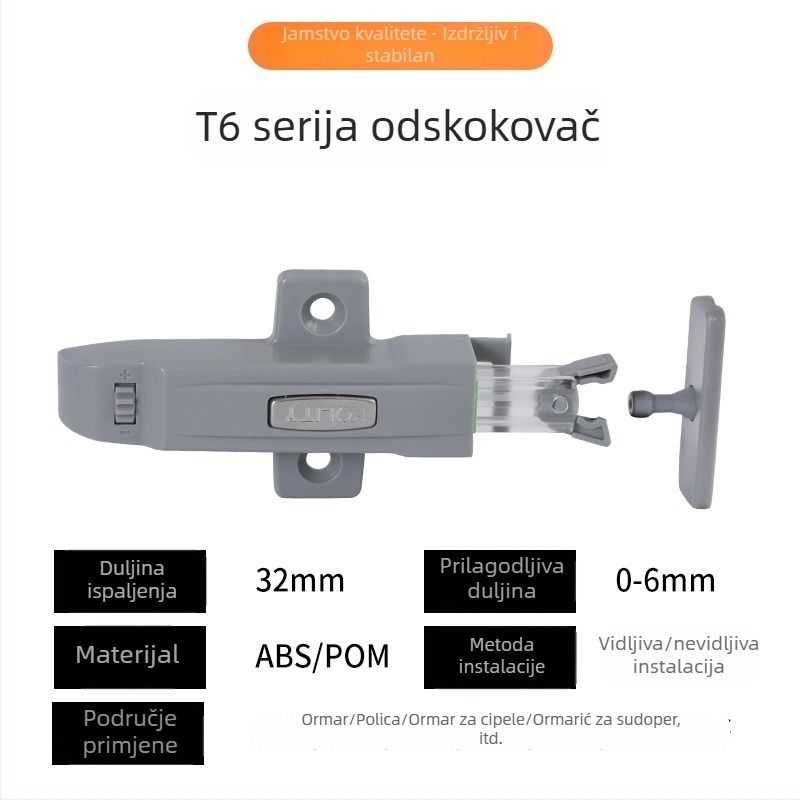 Snap-in kvaka za ormarske vrata, plastična, model T6, za vrata i ladice namještaja