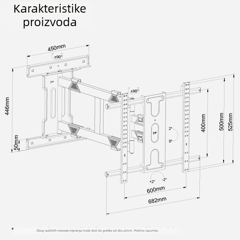 Zidni držač za LCD TV DL90, 90° okret, teleskopsko produženje, metalna konstrukcija, nosivost 15 kg