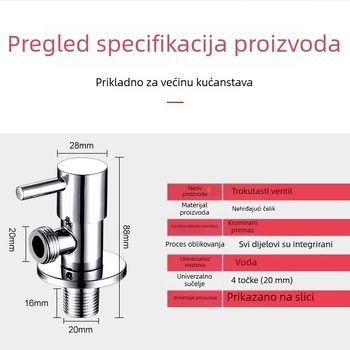 Kutni ventil za WC od nehrđajućeg čelika 304, model LF1098, navojni priključak, unutarnji promjer 15 mm, radni tlak 1.0 MPa