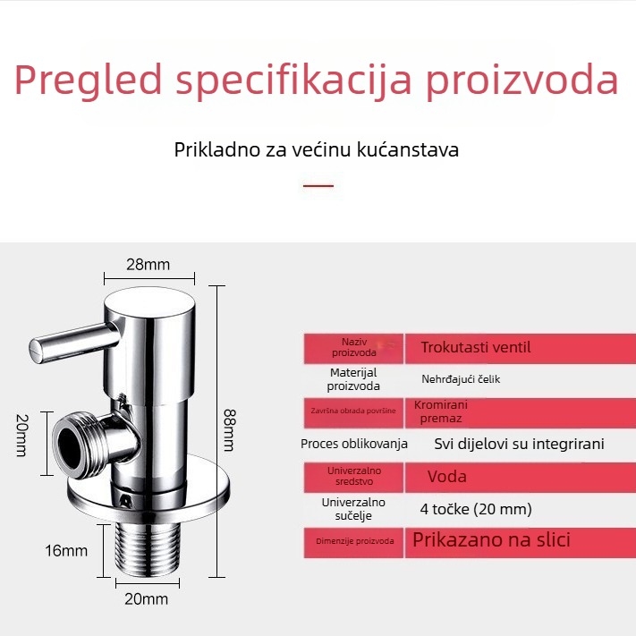Kutni ventil za WC od nehrđajućeg čelika 304, model LF1098, navojni priključak, unutarnji promjer 15 mm, radni tlak 1.0 MPa