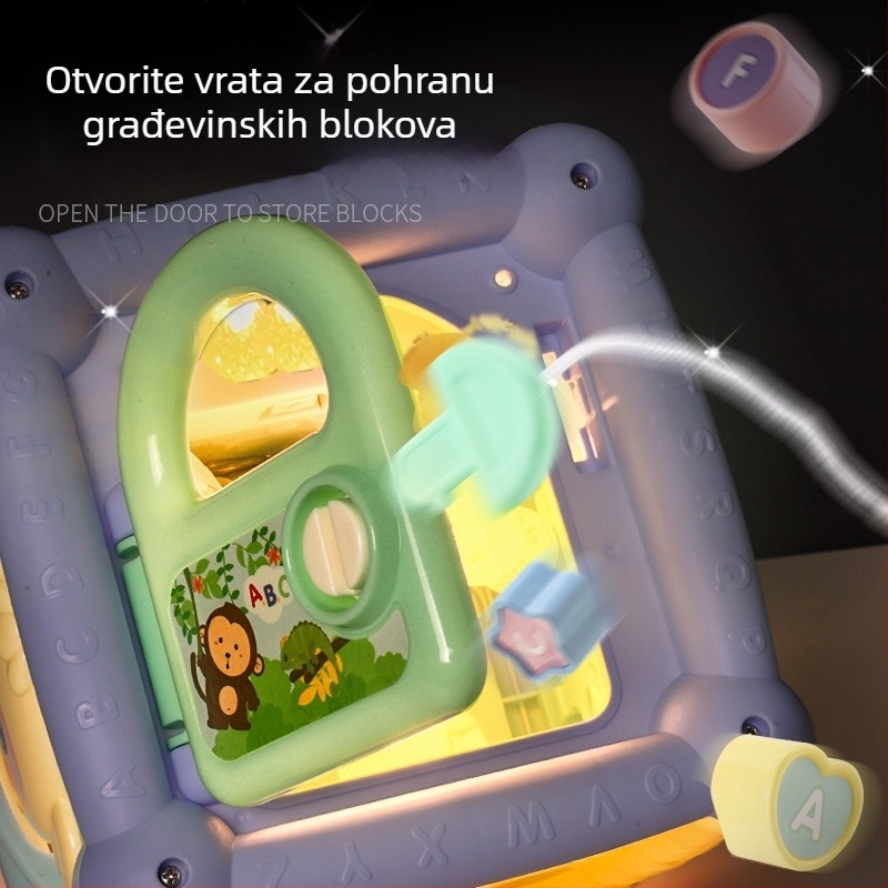 Hexaedarna edukativna igračka: bubanj za dodir i ručni klavir, kutija blaga – set oblika za slaganje za djecu 0–3 godine, plastika, razvoj osjetila i koordinacije ruka-oko