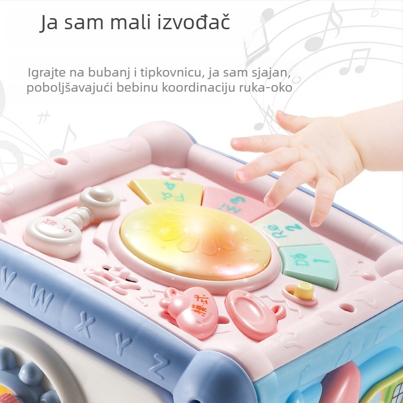 Hexaedarna edukativna igračka: bubanj za dodir i ručni klavir, kutija blaga – set oblika za slaganje za djecu 0–3 godine, plastika, razvoj osjetila i koordinacije ruka-oko