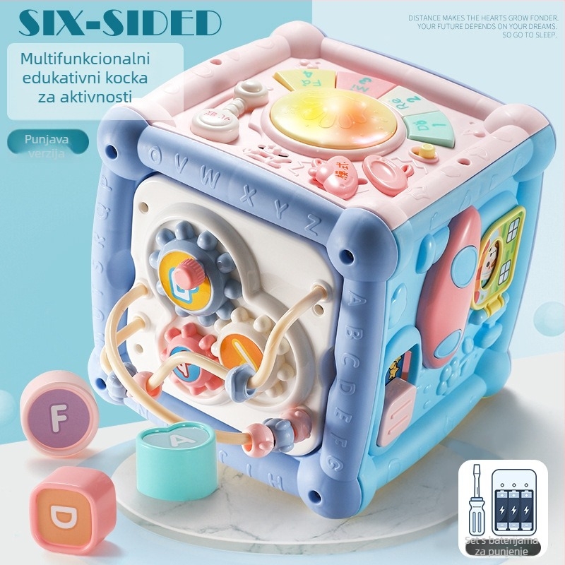 Hexaedarna edukativna igračka: bubanj za dodir i ručni klavir, kutija blaga – set oblika za slaganje za djecu 0–3 godine, plastika, razvoj osjetila i koordinacije ruka-oko