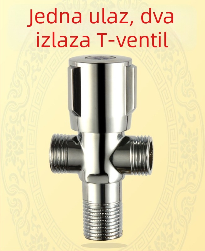 Bakreni kutni ventil, ulaz 1, izlaz 2, za WC i kuhinju, dvostruki izlazni troputni ventil, topla i hladna voda, model 17110601; materijal bakar, radni tlak 0,6 MPa, navojni spoj.