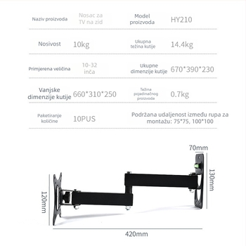 HY210 Teleskopski rotirajući zidni nosač za TV/monitor, nosivost 11-15 kg