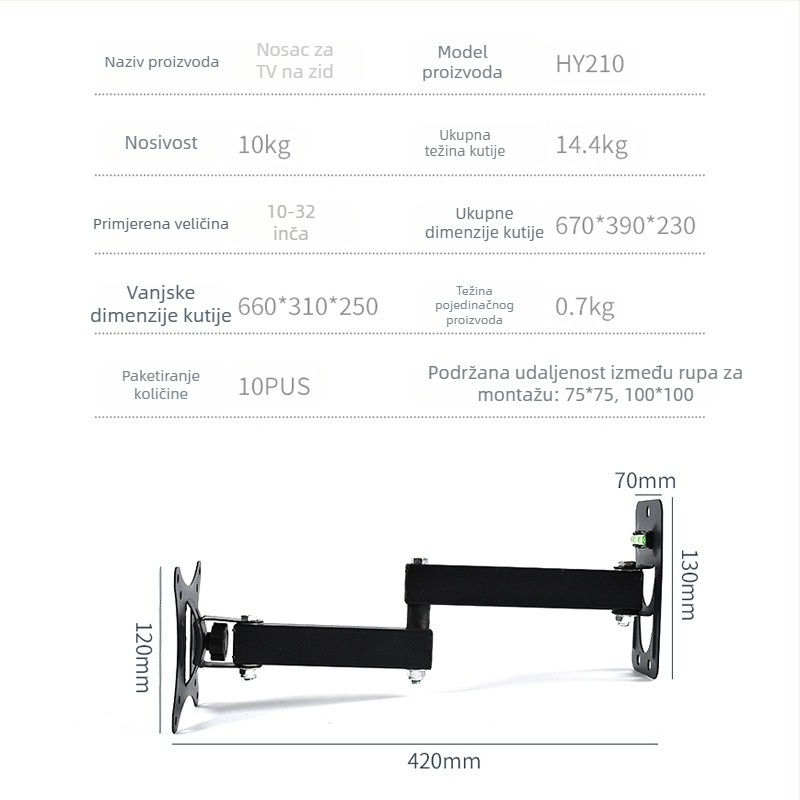 HY210 Teleskopski rotirajući zidni nosač za TV/monitor, nosivost 11-15 kg