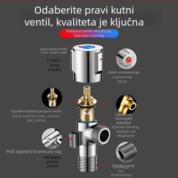 Bakreni kutni ventil s 1 ulazom i 2 izlaza za toplu i hladnu vodu, DN15s, Ø15, navoj