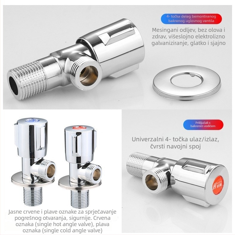 Bakreni kutni ventil s 1 ulazom i 2 izlaza za toplu i hladnu vodu, DN15s, Ø15, navoj