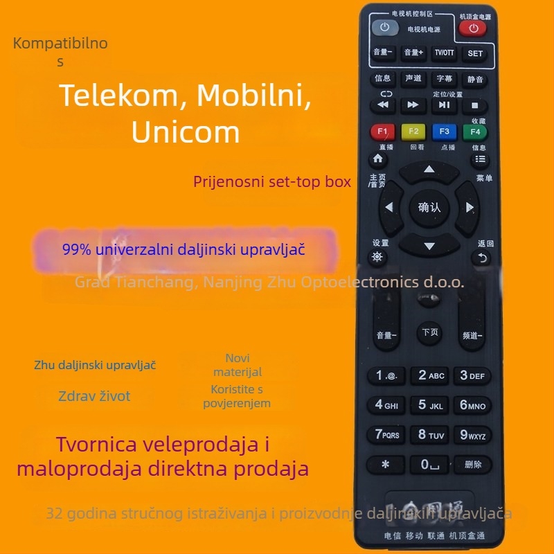 Daljinski upravljač za televizor, univerzalni, model JZ-YK-01136, marka Crystal pearl tianhong, domet 10 m