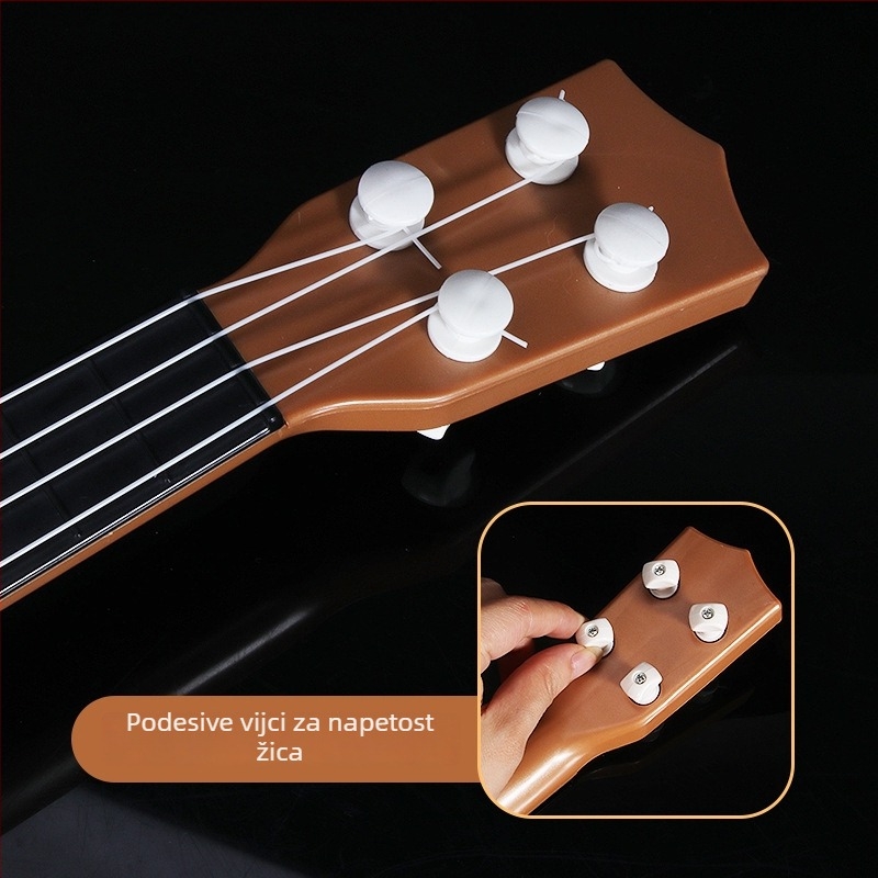 Dječja igračka gitara za početnike – četverostruna, plastična konstrukcija, imitacija drveta, za uzrast 4–6 godina, 3C certificirano