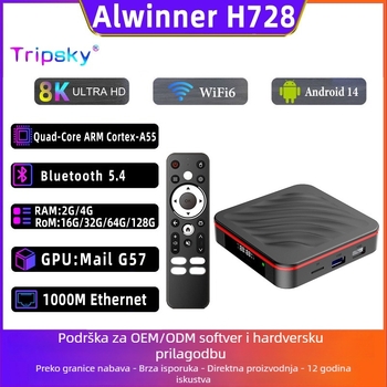 Android 14 TV kutija s procesorom H728, 2GB RAM, interne pohrane 16/32/64/128GB, 4K izlaz, 8K@24fps dekodiranje