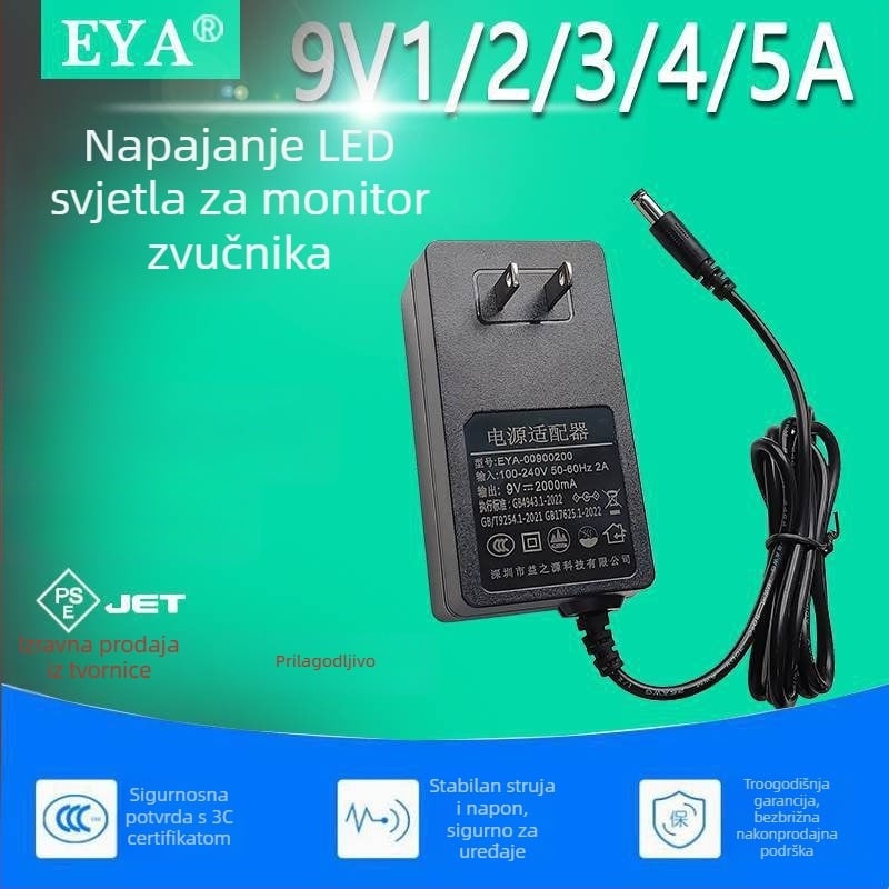 3C-certificirano 9V napajanje za LCD TV, monitore, set-top boxe i LED trake — izlaz 1A–5A podesiv