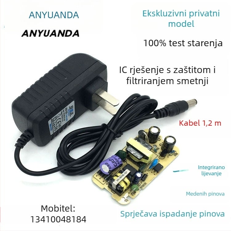 12V 1A PWM pretvaračko napajanje za set-top kutiju, usmjerivač i LED trakicu — ulaz 110-240V AC, izlaz 12V 1A, snaga 12W, šum na izlazu <100 mV, učinkovitost 88%