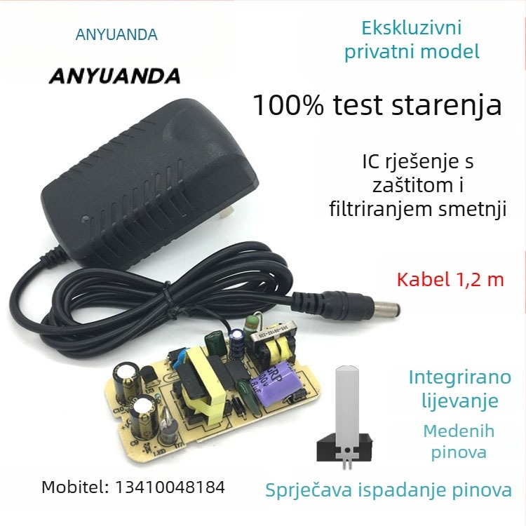 12V 1A PWM pretvaračko napajanje za set-top kutiju, usmjerivač i LED trakicu — ulaz 110-240V AC, izlaz 12V 1A, snaga 12W, šum na izlazu <100 mV, učinkovitost 88%
