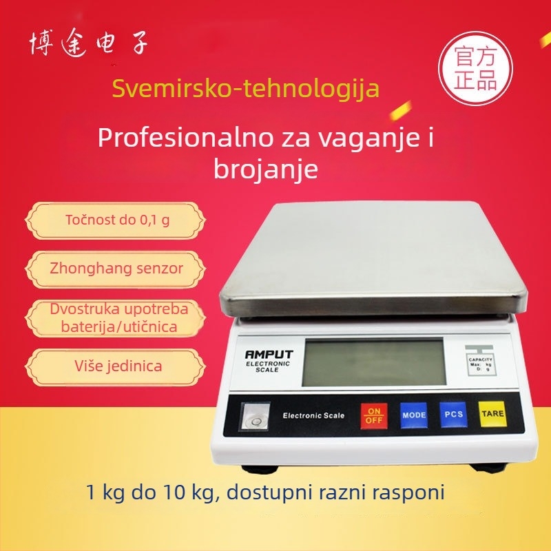 Botu Electronics BT-457-A Precizna elektronička stolna vaga, kapacitet 3–10 kg, čitljivost 0.3 g, jedinice g/kg/lb, napajanje AC
