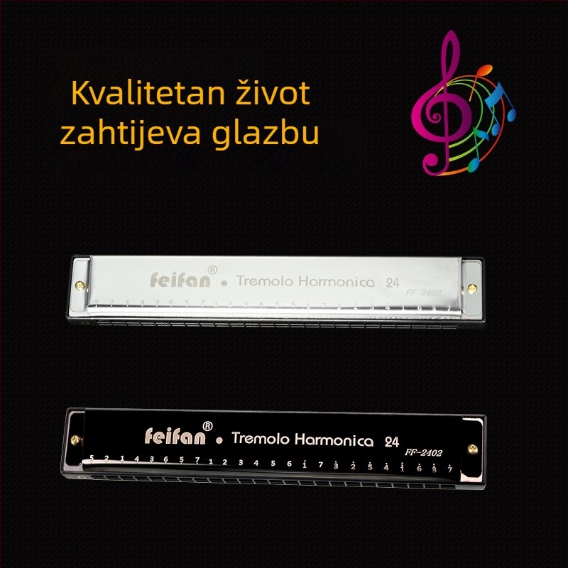 Polifonijska harmonika sa 24 rupa u tonu C, zlatno obložena kućišta, plastične zvučne rupe, plastično pakiranje
