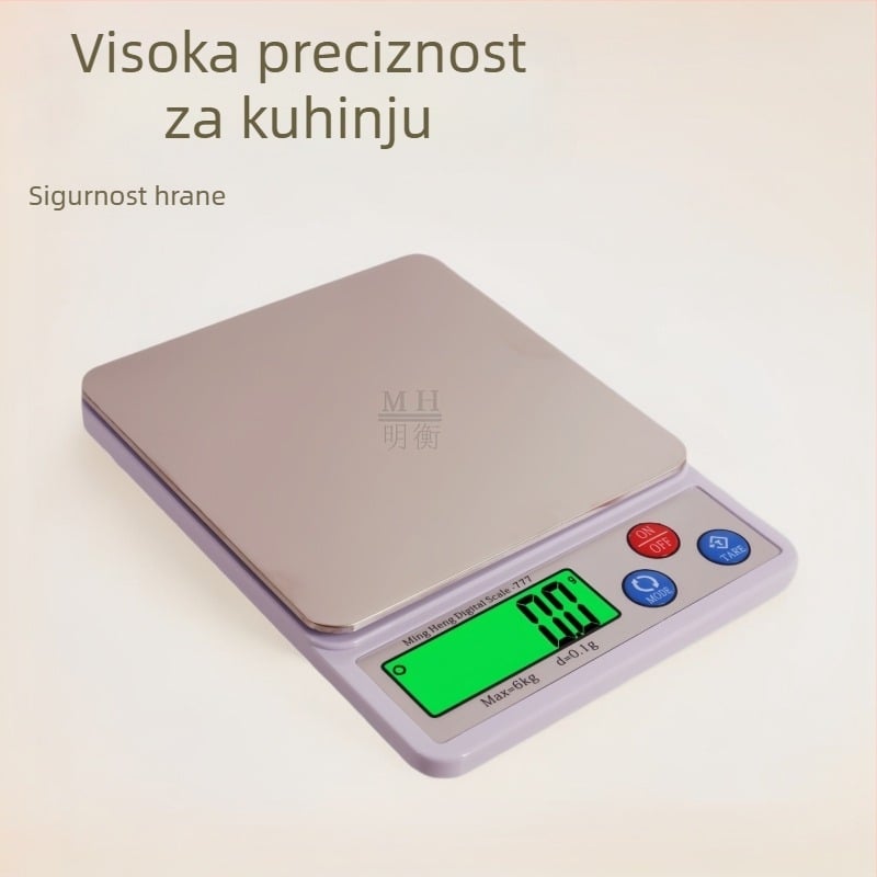MH-777 kuhinjska elektronička vaga visoke preciznosti, raspon mjerenja: 6kg×0.1g, 600g×0.01g, 1kg×0.01g, 3kg×0.01g; napajanje 2× AAA; kuhinjska upotreba