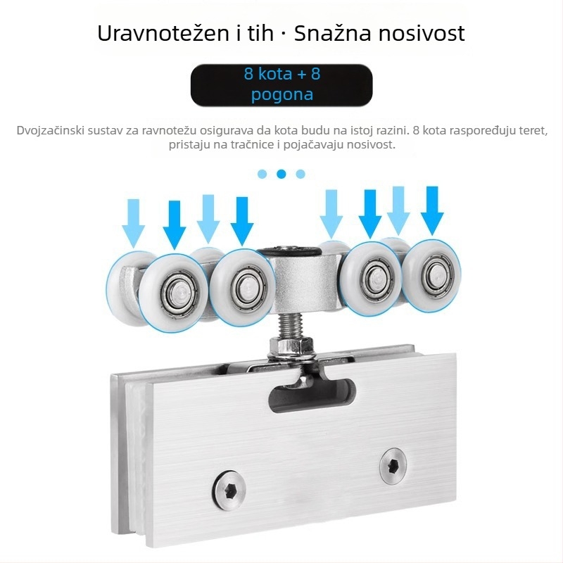 Bezramna klizna vrata kotačić – tijelo kotača od najlona/POM, za staklo 8–12 mm, nosivost 30–80 kg, šifra Td-t-004, brend Crown of creation