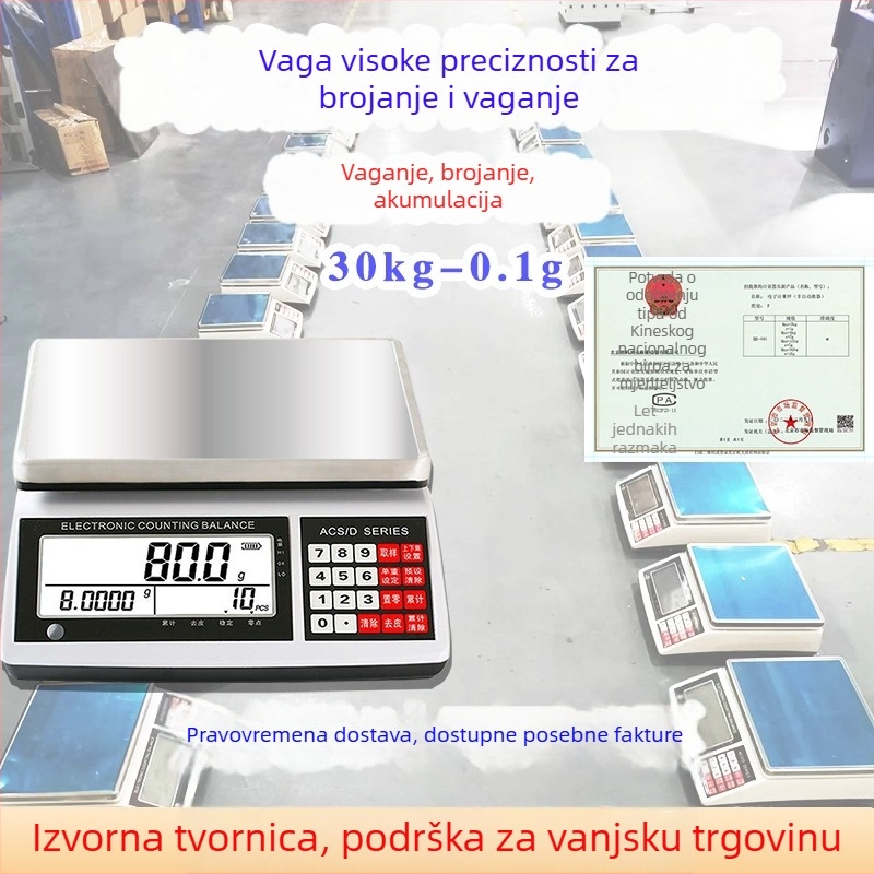 Industrijska vaga za brojanje s visokom preciznošću, kapacitet 30 kg, točnost 0,1 g, model BH801, marka North Balance.