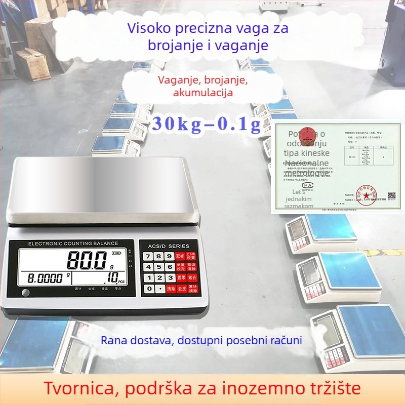 Industrijska vaga za brojanje s visokom preciznošću, kapacitet 30 kg, točnost 0,1 g, model BH801, marka North Balance.