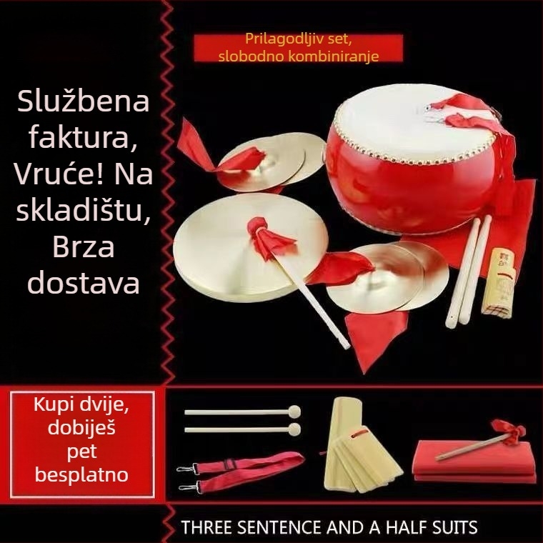 Perkusijski set od tri i pol dijela s bubnjem od teleće kože i činelama za pozornicu