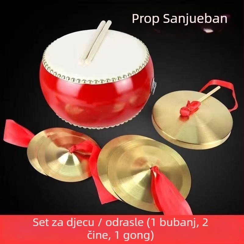 Perkusijski set od tri i pol dijela s bubnjem od teleće kože i činelama za pozornicu