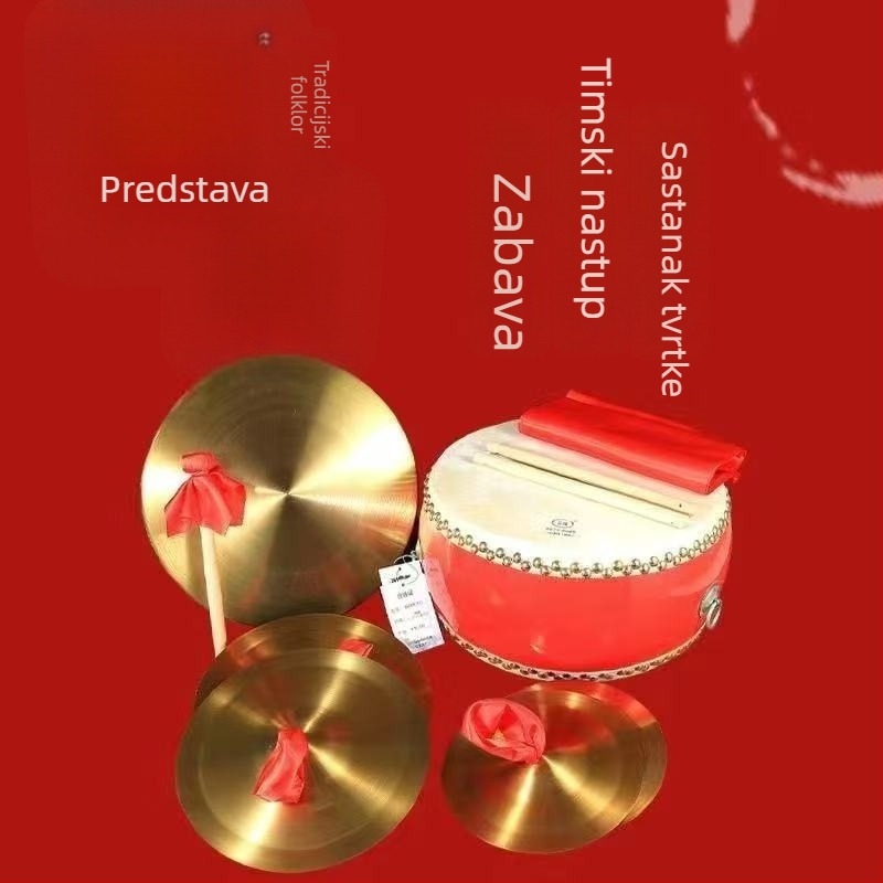 Perkusijski set od tri i pol dijela s bubnjem od teleće kože i činelama za pozornicu