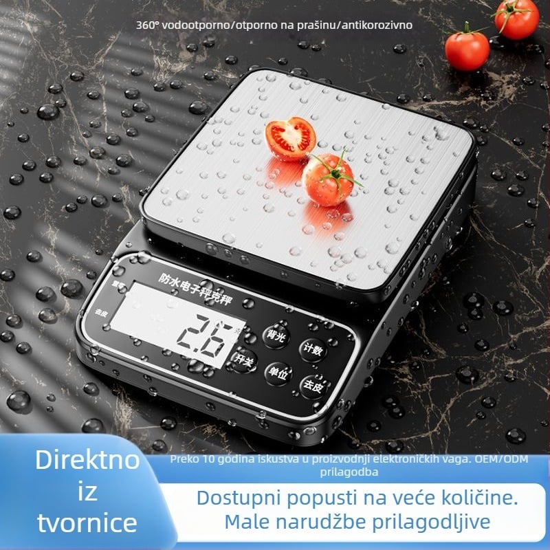 Vodootporan kuhinjski elektronički vaga, visoka preciznost u gramima, za male komercijalne potrebe i kućnu upotrebu; za hranu i mliječni čaj.