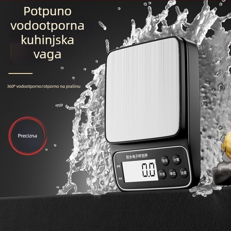 Vodootporan kuhinjski elektronički vaga, visoka preciznost u gramima, za male komercijalne potrebe i kućnu upotrebu; za hranu i mliječni čaj.