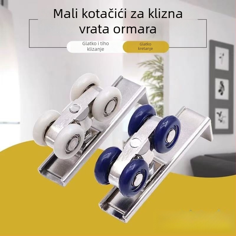 Kotačić za klizna vrata — tih, nehrđajući čelik/legura; nosivost 40–155 kg; za staklena i drvena vrata; viseći model, moderni minimalistički stil