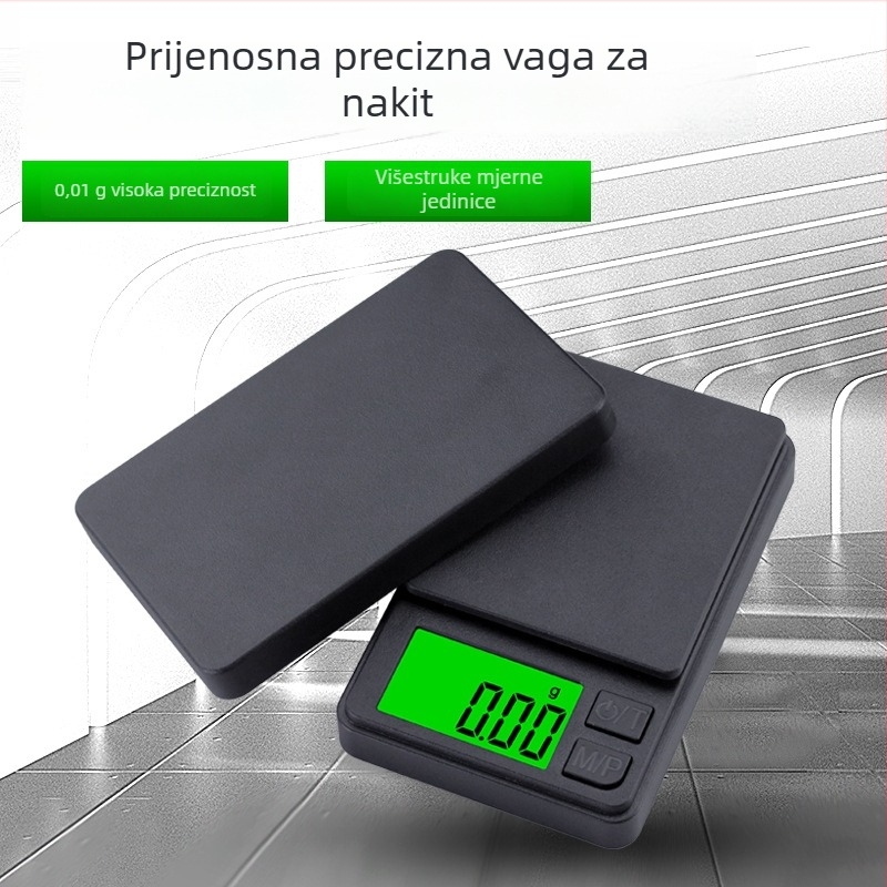 Mini elektronička vaga za nakit, model T2, raspon mjerenja 0,1 g–1 kg, napajanje 2×AAA