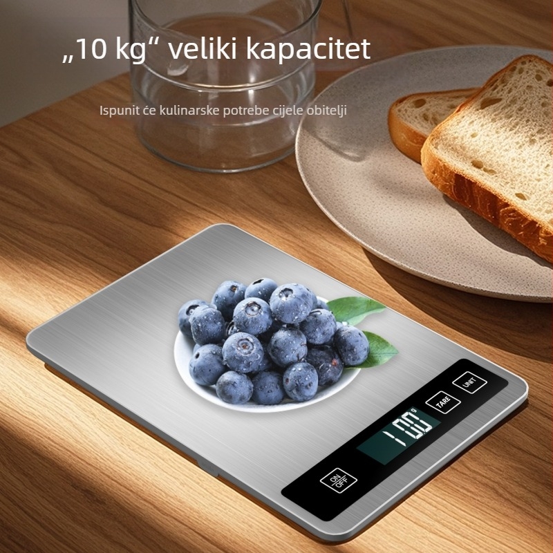 Kuhinjska vaga od nehrđajućeg čelika, kapacitet 15 kg, kompaktna elektronička vaga s mogućnošću punjenja, preciznost 1 g za hranu