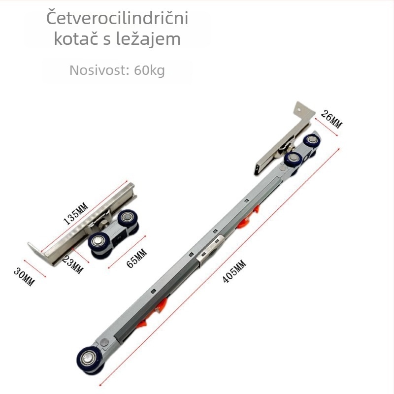 Dvostrani tiši amortizator kotač za klizna vrata s hidrauličnim tlmenjem — Materijali: cinkov legura, najlon, nehrđajući čelik; Pogodno za masivne drvene vrata, vrata s inox okvirom, kuhinjska i garderobna vrata