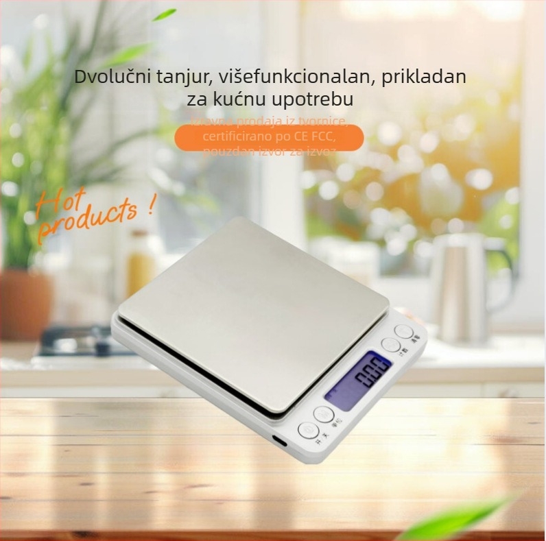 Zhh i2000 kuhinjska vaga – elektronička vaga od nehrđajućeg čelika, kapacitet 500–3000 g, točnost 0.01 g, napajanje baterijama 3V DC