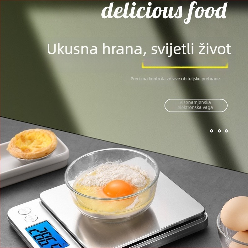 I2000 digitalna kuhinjska vaga, preciznost 0,01 g, raspon 500 g–3 kg, nehrđajući čelik, kompaktna i prijenosna, za pečenje i nakit.