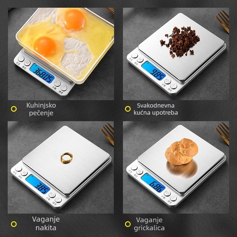 I2000 digitalna kuhinjska vaga, preciznost 0,01 g, raspon 500 g–3 kg, nehrđajući čelik, kompaktna i prijenosna, za pečenje i nakit.