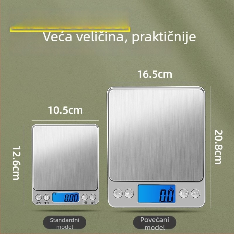 I2000 digitalna kuhinjska vaga, preciznost 0,01 g, raspon 500 g–3 kg, nehrđajući čelik, kompaktna i prijenosna, za pečenje i nakit.