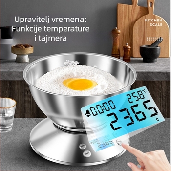 Kuhinjska vaga od nehrđajućeg čelika sa zdjelom, elektronička vaga za pečenje, potpuno metalna, prijenosna