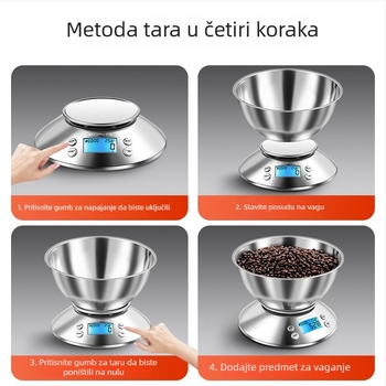 Kuhinjska vaga od nehrđajućeg čelika sa zdjelom, elektronička vaga za pečenje, potpuno metalna, prijenosna