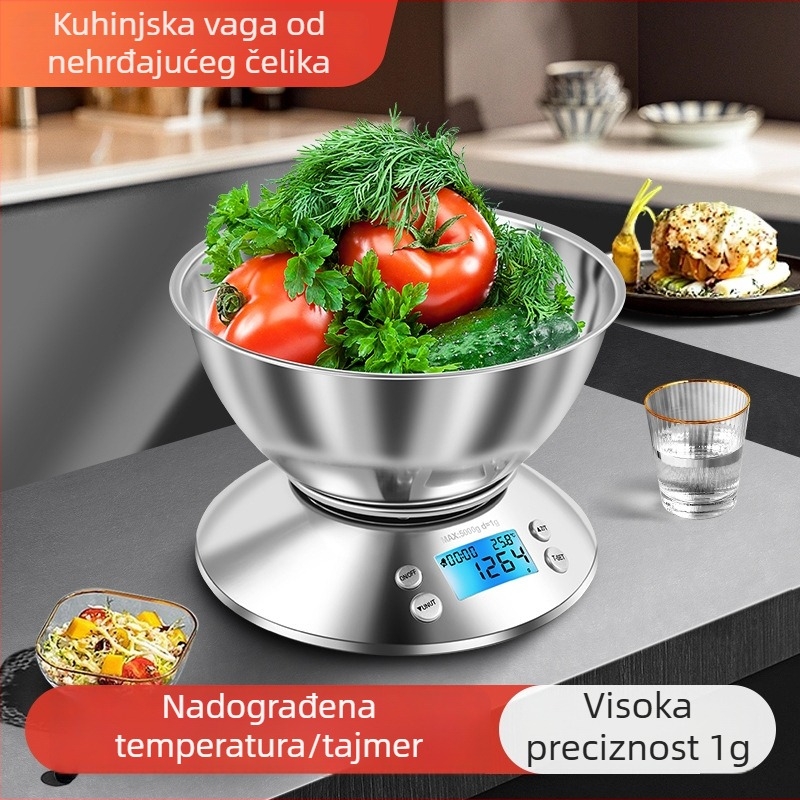 Kuhinjska vaga od nehrđajućeg čelika sa zdjelom, elektronička vaga za pečenje, potpuno metalna, prijenosna